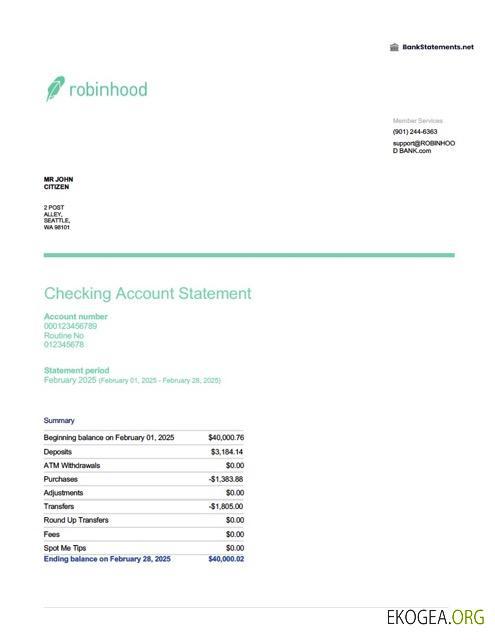 Modèle Word et PDF de relevé de compte bancaire Robinhood des États Unis